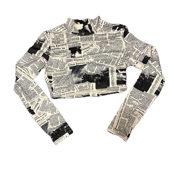 Newspaper print cropped long sleeve top. - Picture 2 of 2